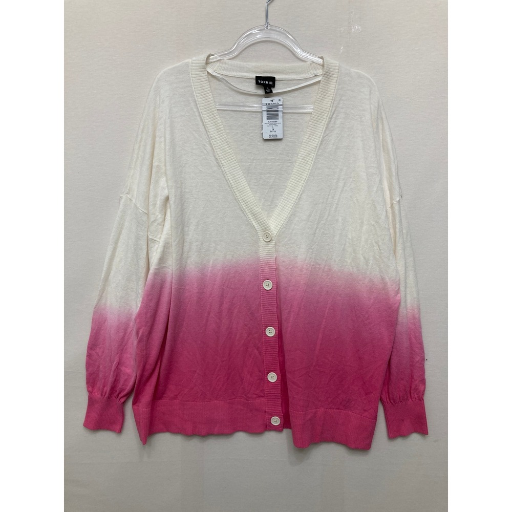 New Torrid Cardigan size 1X White Pink Ombre Dip Dye V-Neck Lightweight Knit